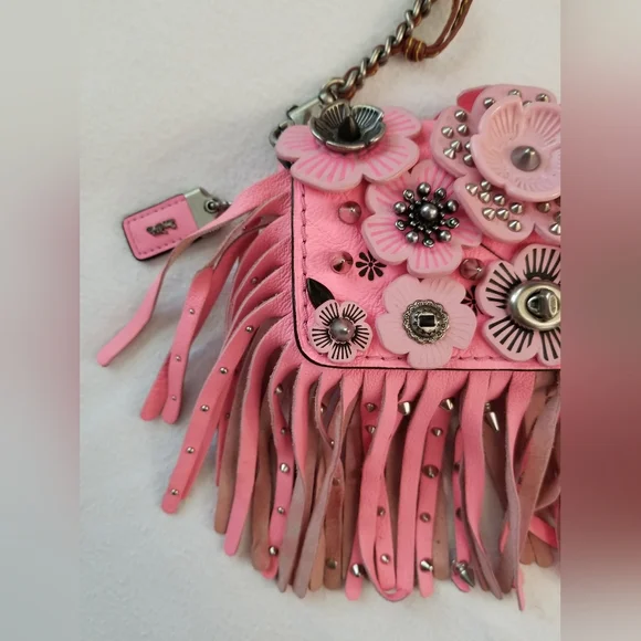 COACH PINK STUDDED WILD TEA ROSE DINKY FRINGE CROSSBODY RARE with COA - Picture 5 of 17